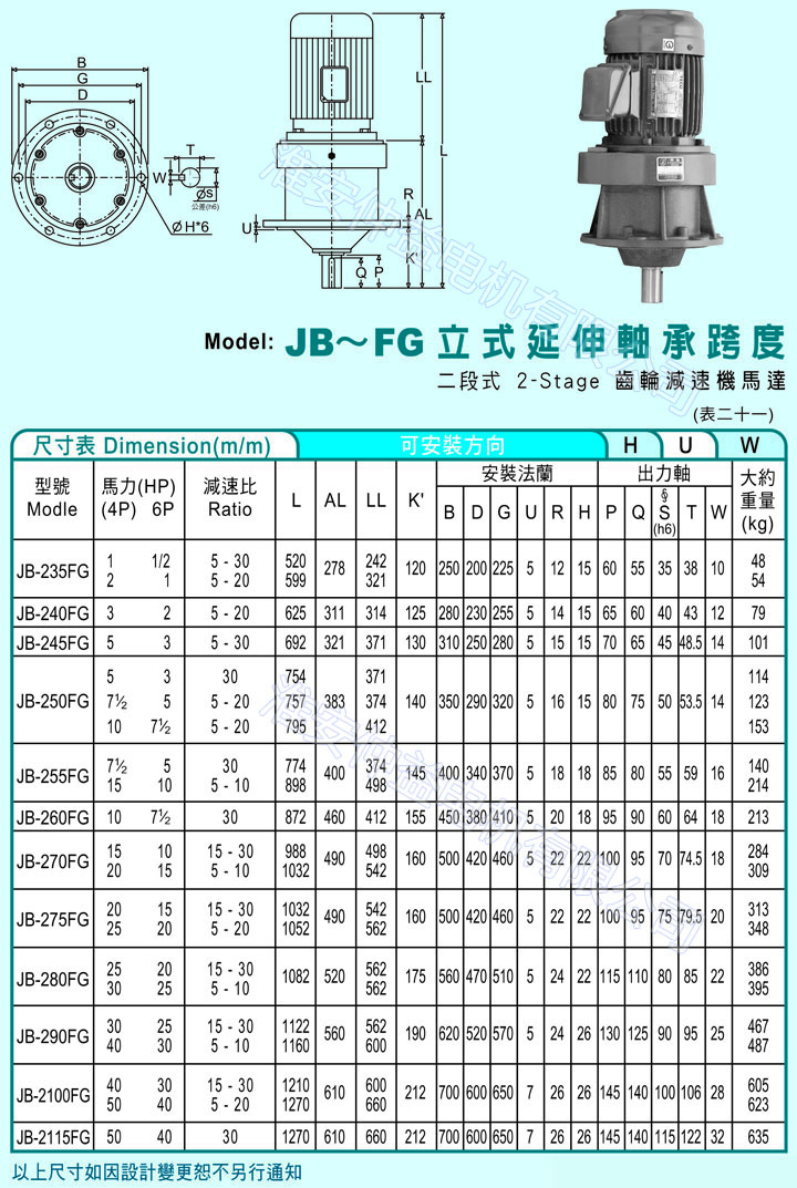 臺灣減速機-仲益強力型減速機 JB-FG立式延伸軸承跨度（二段式2-Stage齒輪減速機)